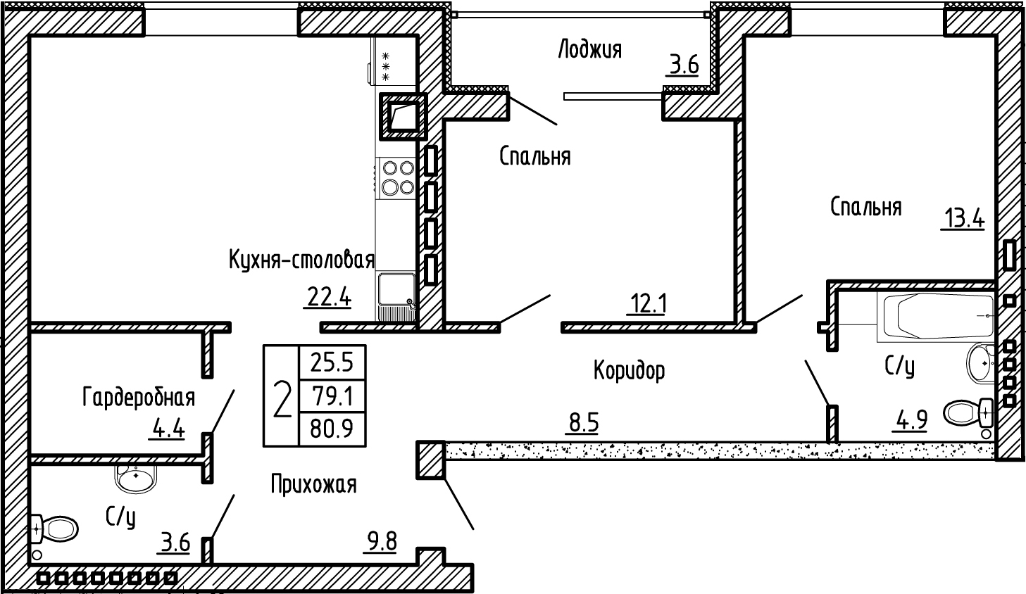2-комнатная квартира №59, 80,9 кв. м, на ул Генерала Бакланова, 1, 3 подъезд 4 этаж, 3 подъезд северная сторона