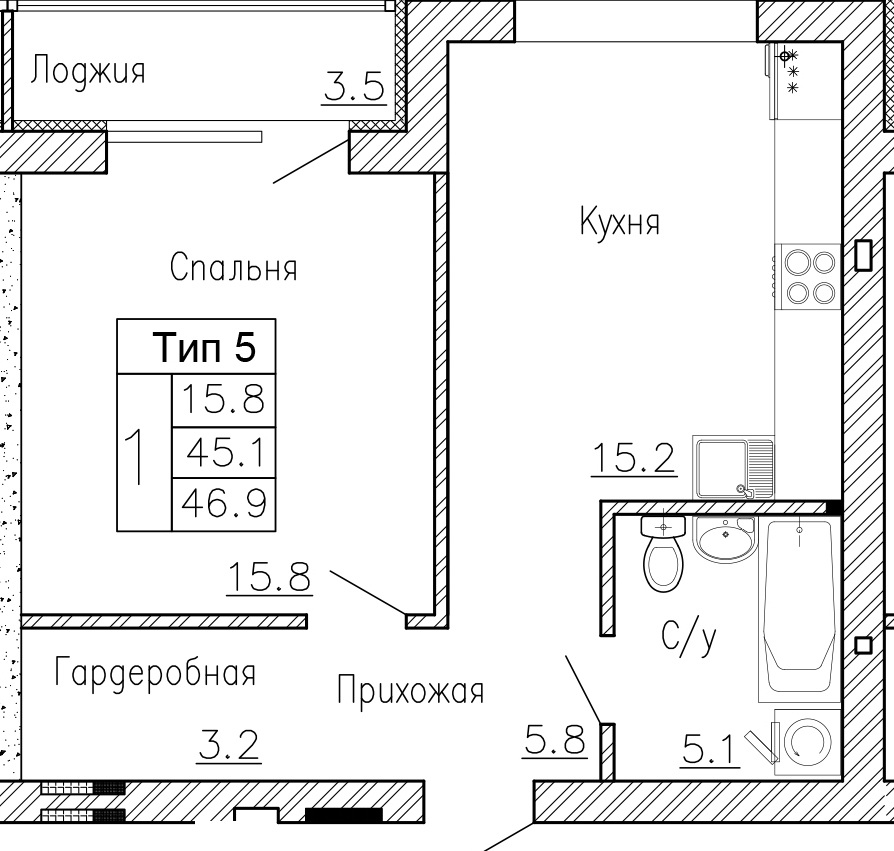 1-комнатную квартиру №28, 46,9 кв. м, на ул Генерала Круковского, 4, третий этаж