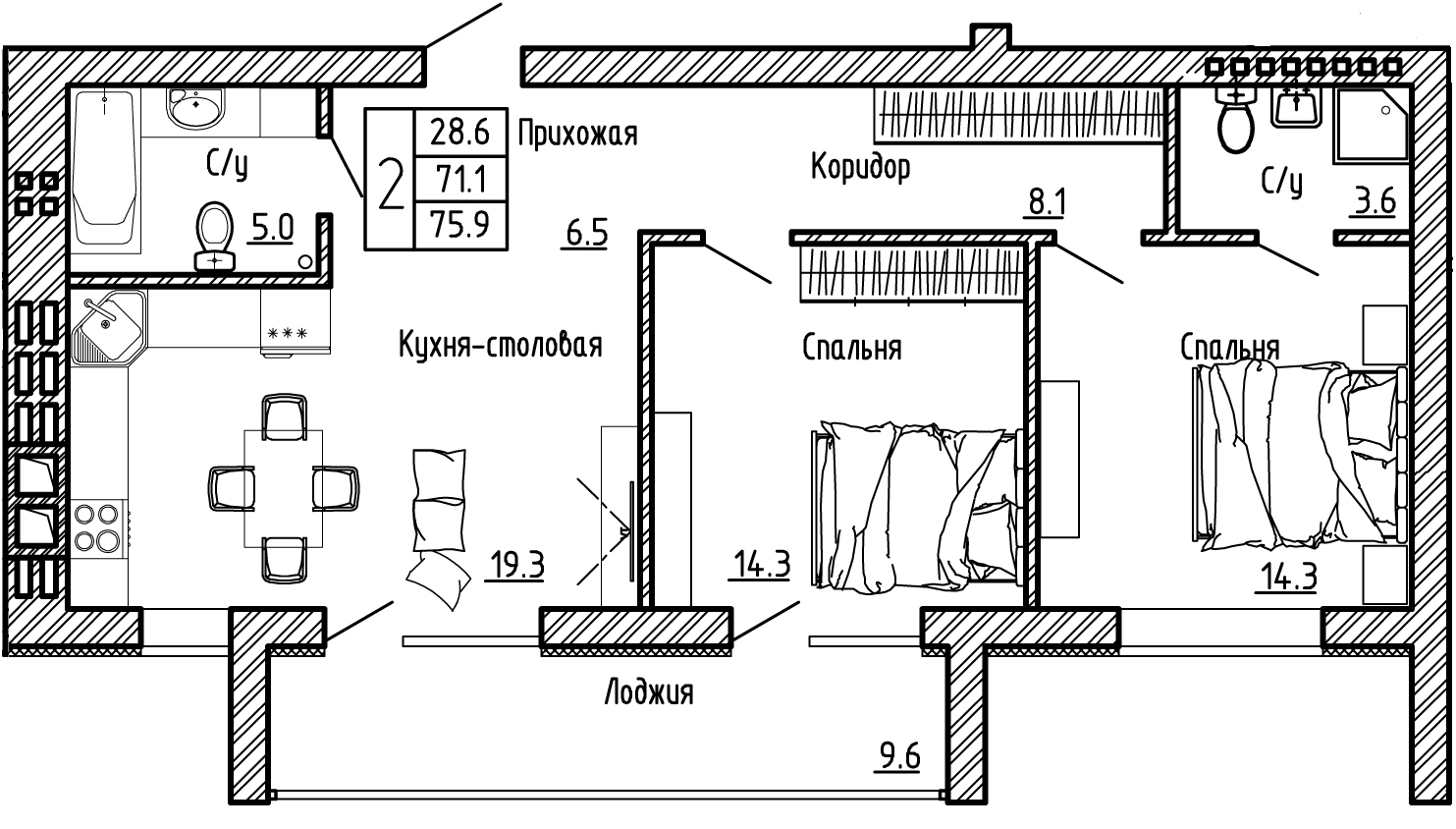 2-комнатную квартиру №2, 75,9 кв. м, на ул Генерала Бакланова, 1, 1 подъезд 1 этаж, 1 подъезд южная сторона