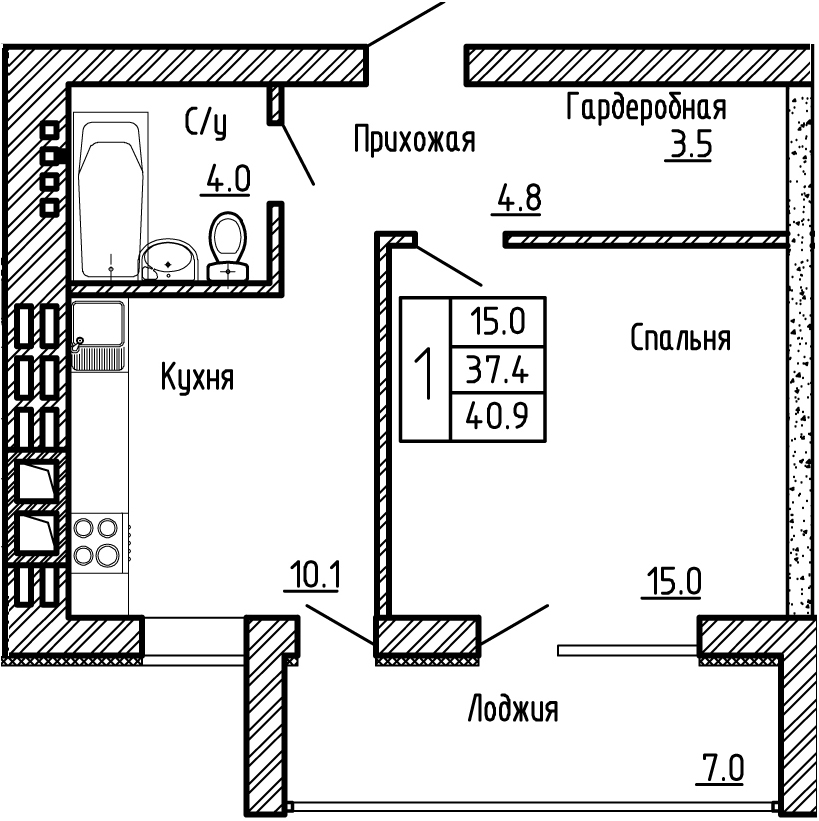 1-комнатная квартира №62, 40,9 кв. м, на ул Генерала Бакланова, 1, 3 подъезд 4 этаж, 3 подъезд южная сторона