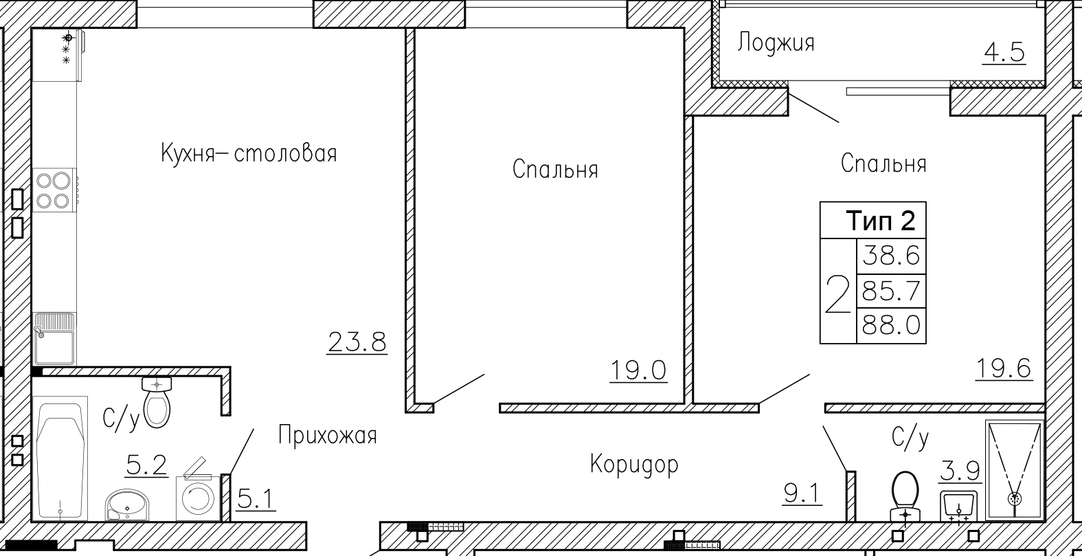 2-комнатная квартира №7, 88 кв. м, на ул Генерала Круковского, 4, первый этаж