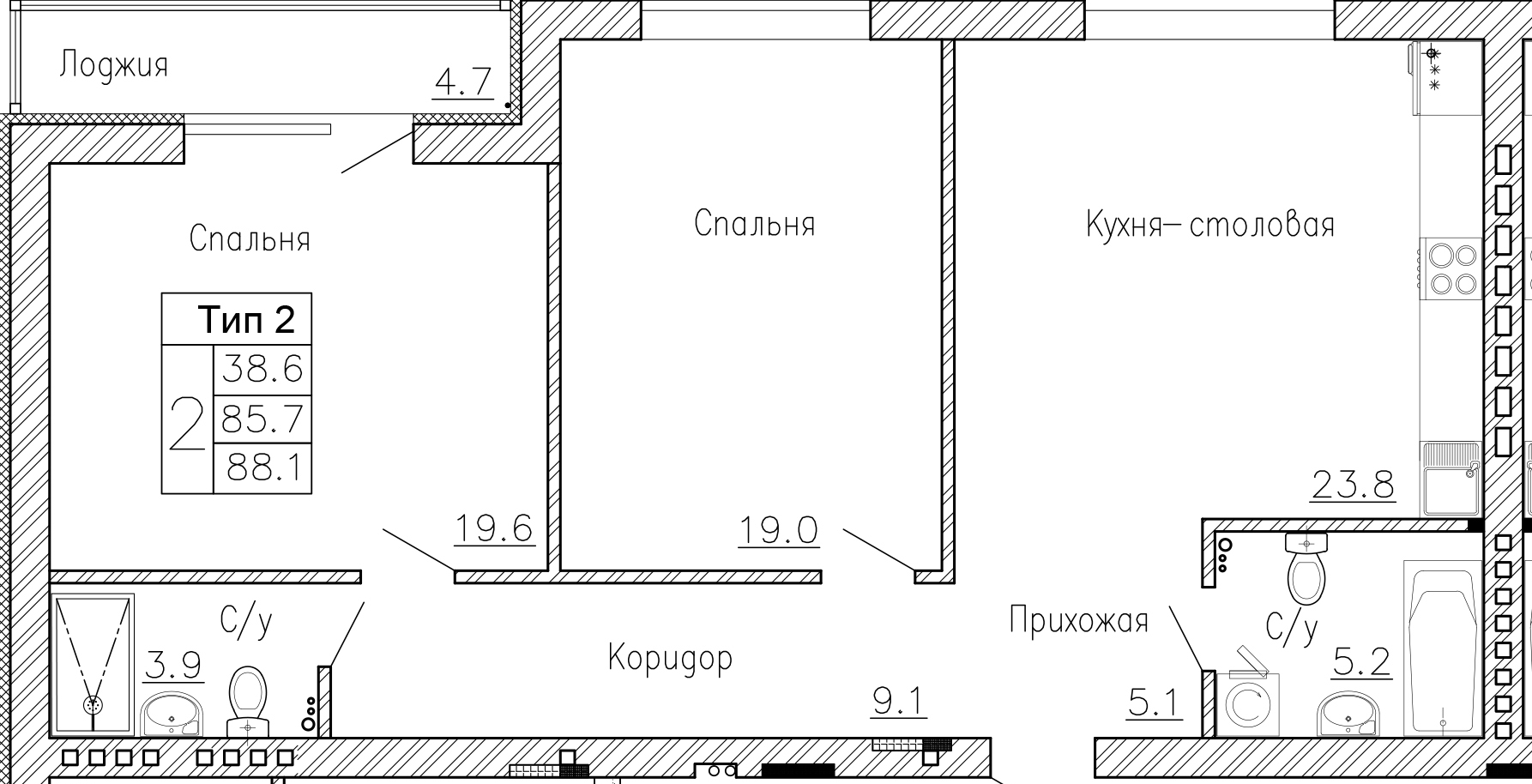 2-комнатную квартиру №67, 88,1 кв. м, на ул Генерала Круковского, 4, третий этаж