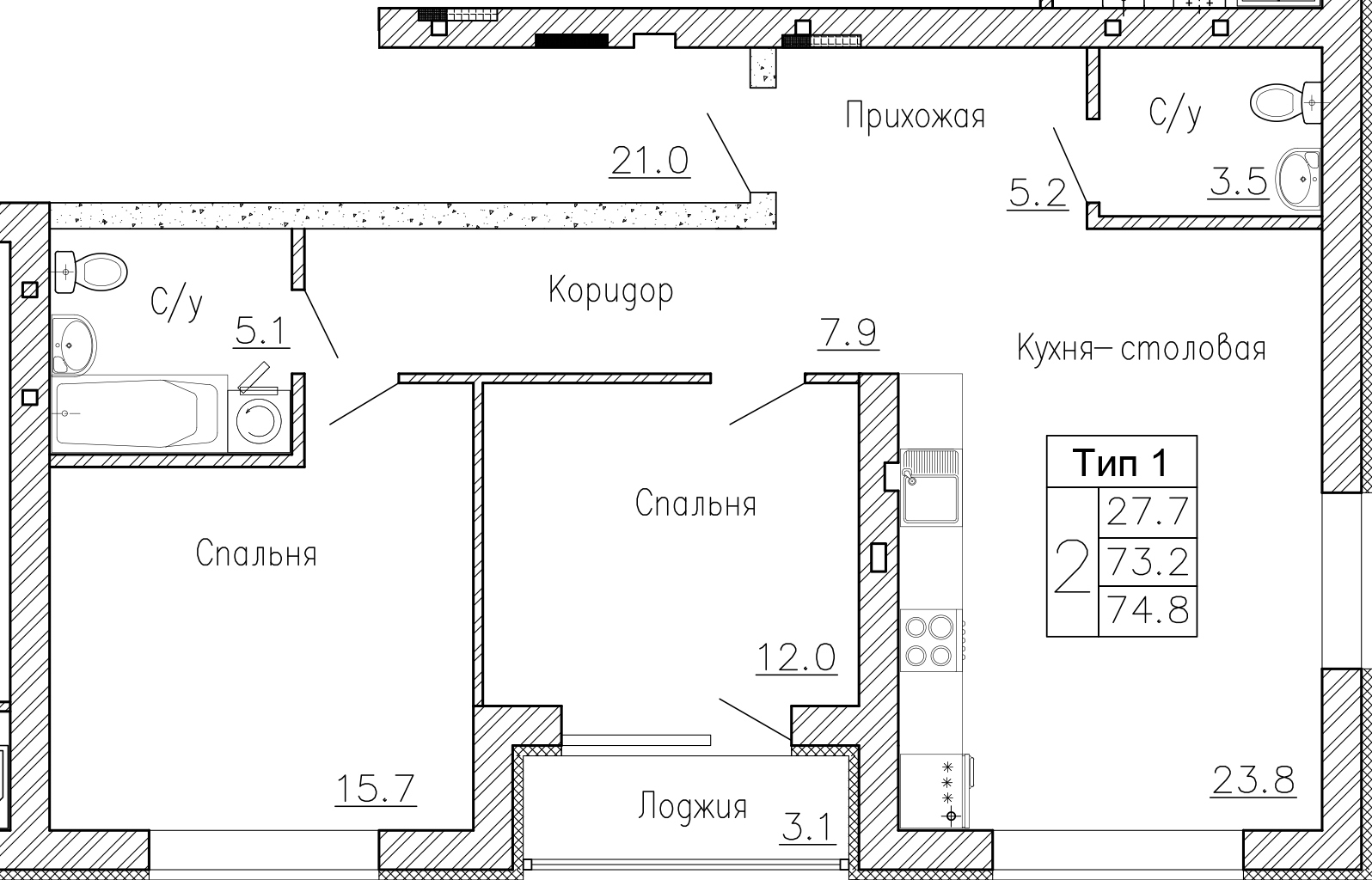 2-комнатная квартира, №72, 74,8 кв. м, на ул Генерала Круковского, 4, четвертый этаж