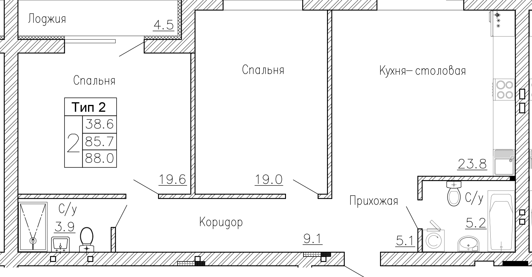 2-комнатную квартиру №66, 88,00 кв. м, на ул Генерала Круковского, 4, третий этаж